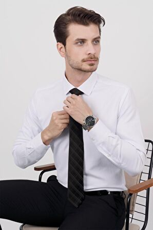 Gömlek Kravat Seti ( sunda Siyah Baklava Desenli Kravat & Beyaz Armür Slimfit Gömlek)