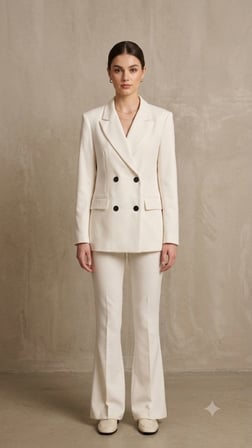 Beyaz Siyah Düğme Detaylı Kruvaze Blazer Ceket Pantolon Kadın İkili Takım