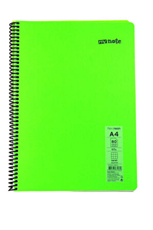 Mynote Flex A4 80 Yaprak Kareli Spiralli Plastik Neon Kapak Defter