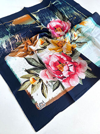 Levidor Tivil İpek Eşarp 48922 Lacivert Karışık Desen