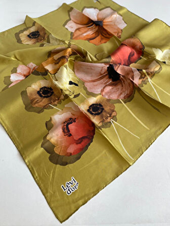 Levidor Tivil Saf İpek Eşarp 48987 Yağ Yeşili Karışık Desen