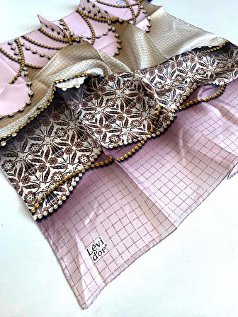 Levidor Tivil Saf İpek Eşarp 49384 Pudra Karışık Desen