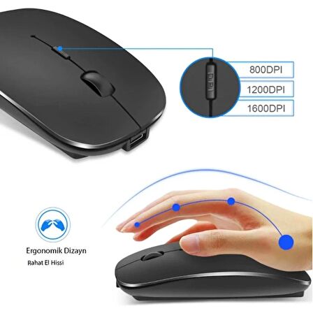 TechTic Sessiz Wireless Bluetooth Kablosuz Mouse Ergonomik Şarjlı 2.4Ghz Fare