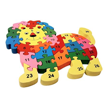 Harfleri ve Sayıları Öğreniyorum Eğitici  Ahşap Aslan Figürlü Puzzle