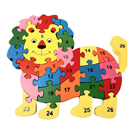 Harfleri ve Sayıları Öğreniyorum Eğitici  Ahşap Aslan Figürlü Puzzle