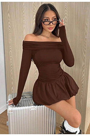 Kadın Madonna Yaka Balon Etek Mini Elbise