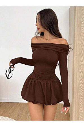 Kadın Madonna Yaka Balon Etek Mini Elbise