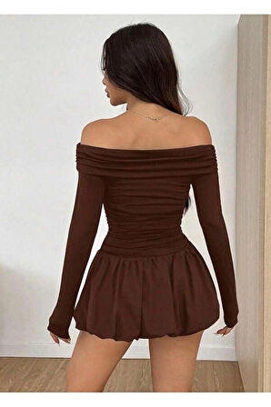 Kadın Madonna Yaka Balon Etek Mini Elbise