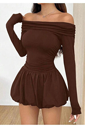 Kadın Madonna Yaka Balon Etek Mini Elbise