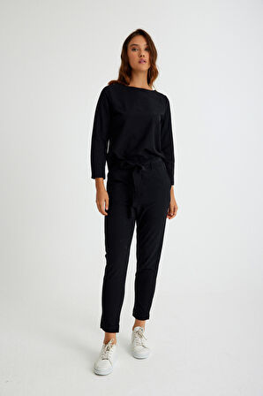 Toridas Keten Günlük Rahat Beli Kemerli Kadın İkili Takım Alt Üst LN01siyah12