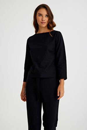 Toridas Keten Günlük Rahat Beli Kemerli Kadın İkili Takım Alt Üst LN01siyah12