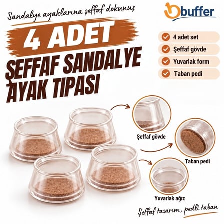 Kararlı Ticaret Şeffaf Yuvarlak Sandalye Ayak Tıpası 4 Adet, Taban Pedli Sandalye Ayağı Koruyucu Başlık Seti, Mobilya Ayak Koruma
