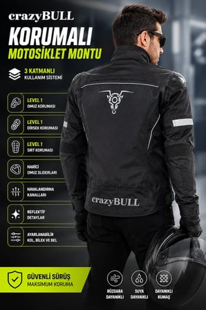 CrazyBull Matador Siyah Erkek 4 Mevsim 3 Katmanlı Korumalı Reflektörlü Motosiklet Montu
