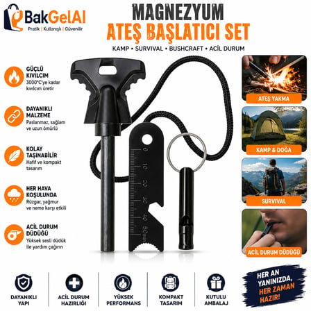 BakGelAl Magnezyum Ateş Başlatıcı Düdüklü Çakmak Taşı Kamp Survival Bushcraft Ateş Yakıcı