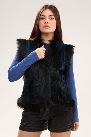 Mavi Kadın Desenli Deri Yelek