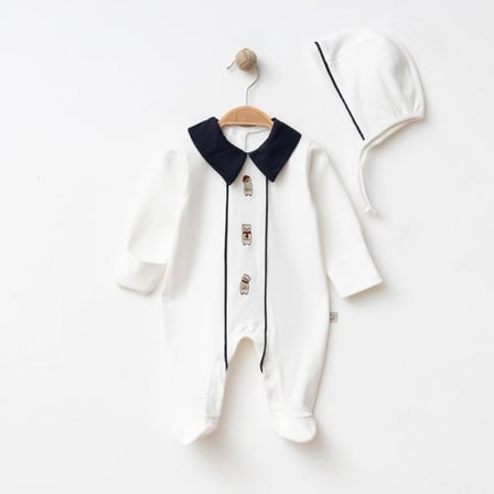Erkek Bebek Ayıcık işlemeli %100 Pamuk Şapkalı Tulum Seti