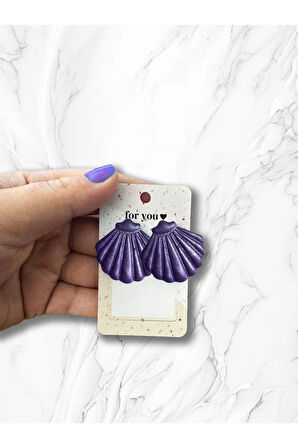 Muffyclay Özel Tasarım, El Yapımı Polimer Kil Simli Mor Istiridye Küpe