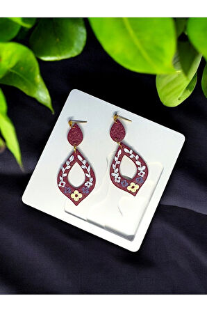 Muffyclay Özel Tasarım, El Yapımı Polimer Kil Bordo Çiçek Motifli Küpe