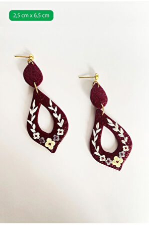 Muffyclay Özel Tasarım, El Yapımı Polimer Kil Bordo Çiçek Motifli Küpe