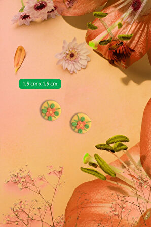 MuffyClay Özel Tasarım, El Yapımı Polimer Kil Sarı Üzeri Çiçekli Küpe