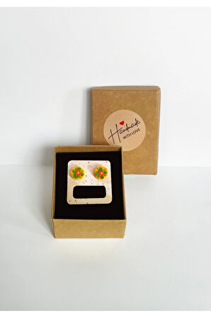 MuffyClay Özel Tasarım, El Yapımı Polimer Kil Sarı Üzeri Çiçekli Küpe