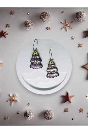 MuffyClay Özel Tasarım, Polimer Kil Halka Simli Çam Ağacı Küpe - Yılbaşı Özel Tasarım