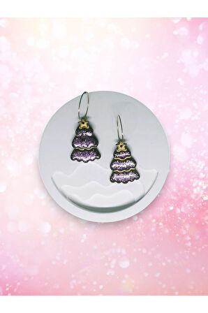 MuffyClay Özel Tasarım, Polimer Kil Halka Simli Çam Ağacı Küpe - Yılbaşı Özel Tasarım