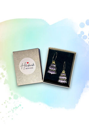 MuffyClay Özel Tasarım, Polimer Kil Halka Simli Çam Ağacı Küpe - Yılbaşı Özel Tasarım