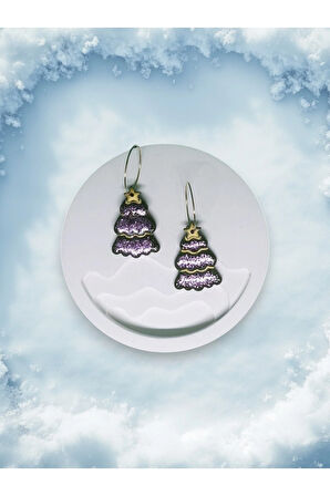 MuffyClay Özel Tasarım, Polimer Kil Halka Simli Çam Ağacı Küpe - Yılbaşı Özel Tasarım