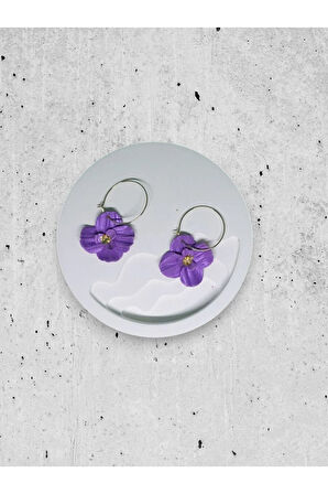 MuffyClay Özel Tasarım, Polimer Kil Mor Mini Halka Çiçek Küpe - Violet Floral
