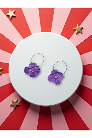 MuffyClay Özel Tasarım, Polimer Kil Mor Mini Halka Çiçek Küpe - Violet Floral