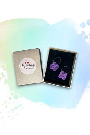 MuffyClay Özel Tasarım, Polimer Kil Mor Mini Halka Çiçek Küpe - Violet Floral
