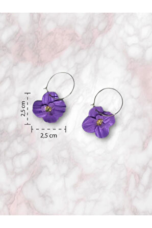 MuffyClay Özel Tasarım, Polimer Kil Mor Mini Halka Çiçek Küpe - Violet Floral