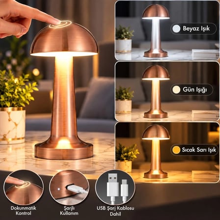 Dokunmatik Şarjlı LED Masa Lambası - Modern Tasarımlı, Kablosuz, Bakır Renk Dekoratif Gece Lambası
