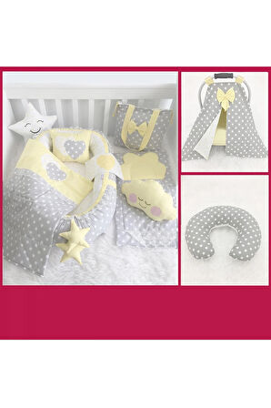 Nest Gri Ve Sarı Yıldızlı 11 Parça Full Set Lüx Jaju-babynest Anne Yanı Bebek Yatağı