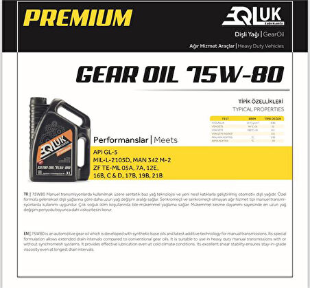75W/80 DİŞLİ YAĞI 3 LİTRE GL-5