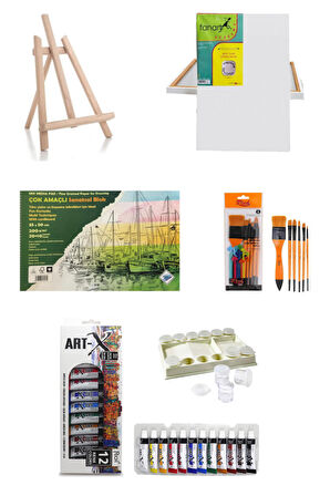Art-X 12 ML 12 'li Akrilik Set-Orta Boy Şövale-Art Liva-Zemin FırçaN:8- Sanat Seti