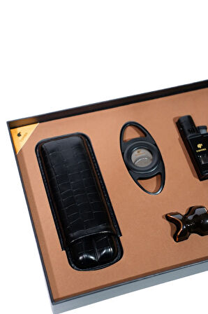 Cohiba Çakmak Kesici Kılıf Sehpa Siyah Dörtlü Puro Seti