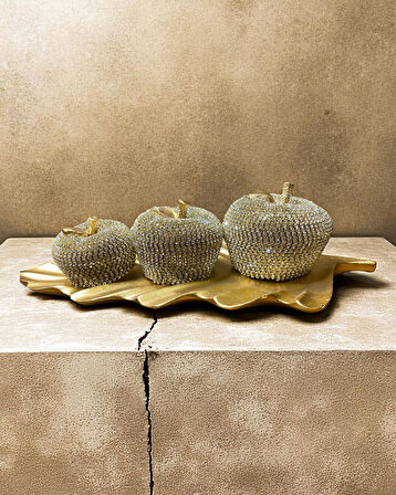 3'lü Kristal Taşlı Elma Dekor Seti Gold