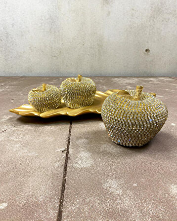 3'lü Kristal Taşlı Elma Dekor Seti Gold