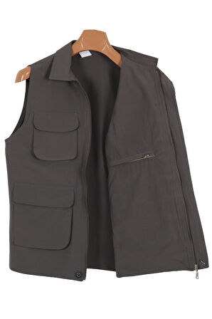 Erkek Keten Yelek Reguler Fit Yakalı Gri Renk RAR01356