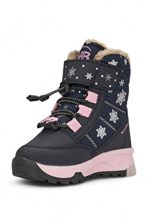 Günlük Kız Çocuk Kar Botu Cırtlı Lastik Bağcıklı Kürklü Kar Desenli Kalın Tırtıklı Taban Bootie 014