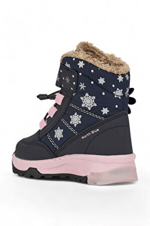 Günlük Kız Çocuk Kar Botu Cırtlı Lastik Bağcıklı Kürklü Kar Desenli Kalın Tırtıklı Taban Bootie 014