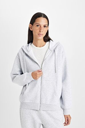 DeFacto Relax Fit Kapüşonlu Cepli Basic Düz Fermuarlı Sweatshirt C1809AX24WNGR93