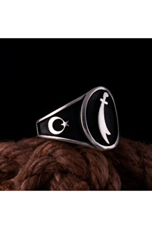 Erkek Gümüş Yüzük Ayyıldız Ve Hz Ali Kılıcı Işlemeli Siyah Oniks Taşlı Erkek Gümüş Yüzük