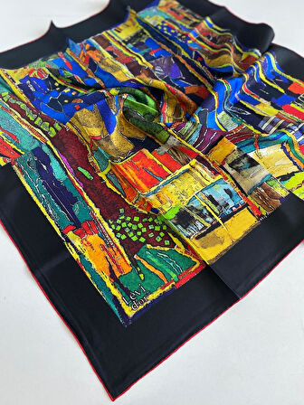 Levidor Tivil Saf İpek Eşarp 48983 Siyah Karışık Desen