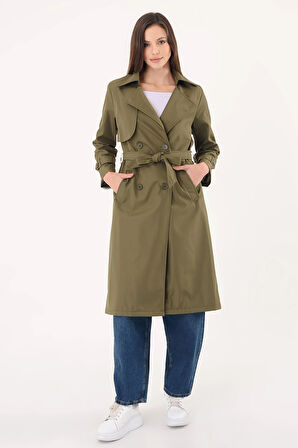 Kadın Kruvaze Yaka Haki Trençkot