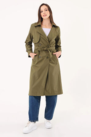 Kadın Kruvaze Yaka Haki Trençkot