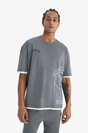 DeFactoFit NBA Brooklyn Nets Oversize Geniş Kalıp Bisiklet Yaka Kısa Kollu Tişört D8610AX25SPGR311