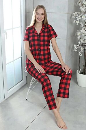 Ekose Desenli Önden Düğmeli Pijama Takım